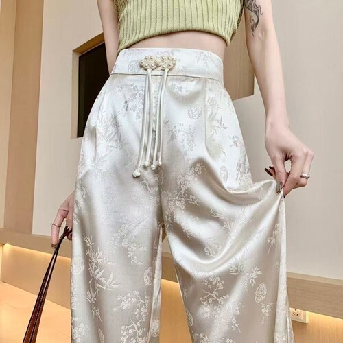 New Chinese style national style buckle satin jacquard wide-leg pants for women's spring and summer new high-waist slimming casual mopping pants