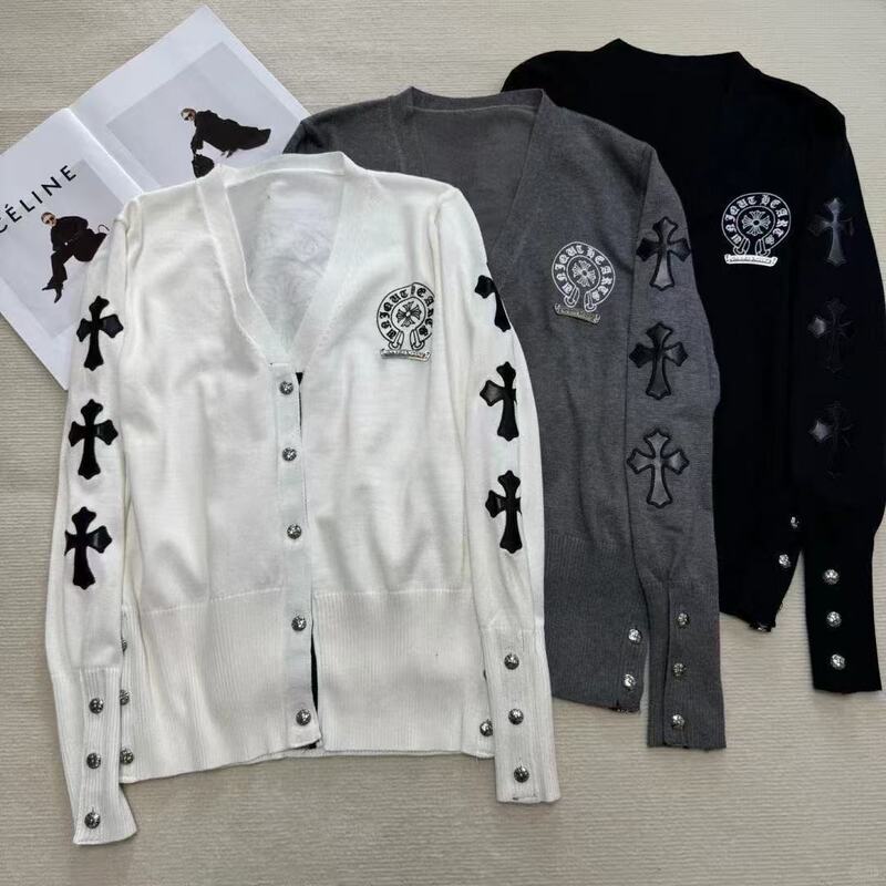 Spring and Summer Cross-Pattern Leather Patch V-Neck Knitted Cardigan, Slim-Fit Long-Sleeve Jacket in Black, White, and Gray