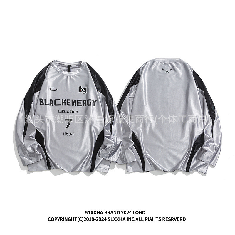European and American-style vintage jersey stitching contrast color letter printed top silver hip-hop trendy sports casual sweater