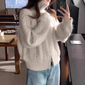 秋冬三股加厚100羊毛衫女双拉链针织开衫宽松毛衣外套上衣麻花