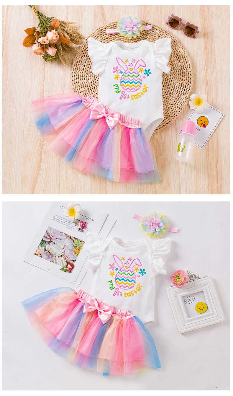 Easter Fashion Cartoon Embroidery 100% Cotton Girls Clothing Sets display picture 2