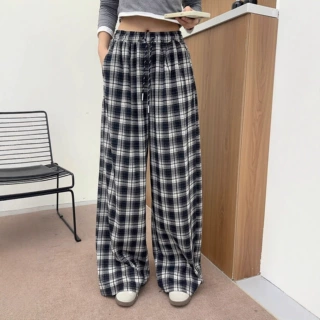 韩版格子直筒裤长裤女2025秋冬新款宽松百搭显瘦松紧腰毛呢阔腿裤