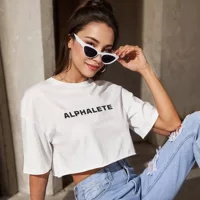 Летний дышащий топ для йоги Alphalete, свободный крой, короткий рукав, модный бренд, из чистого хлопка с принтом.