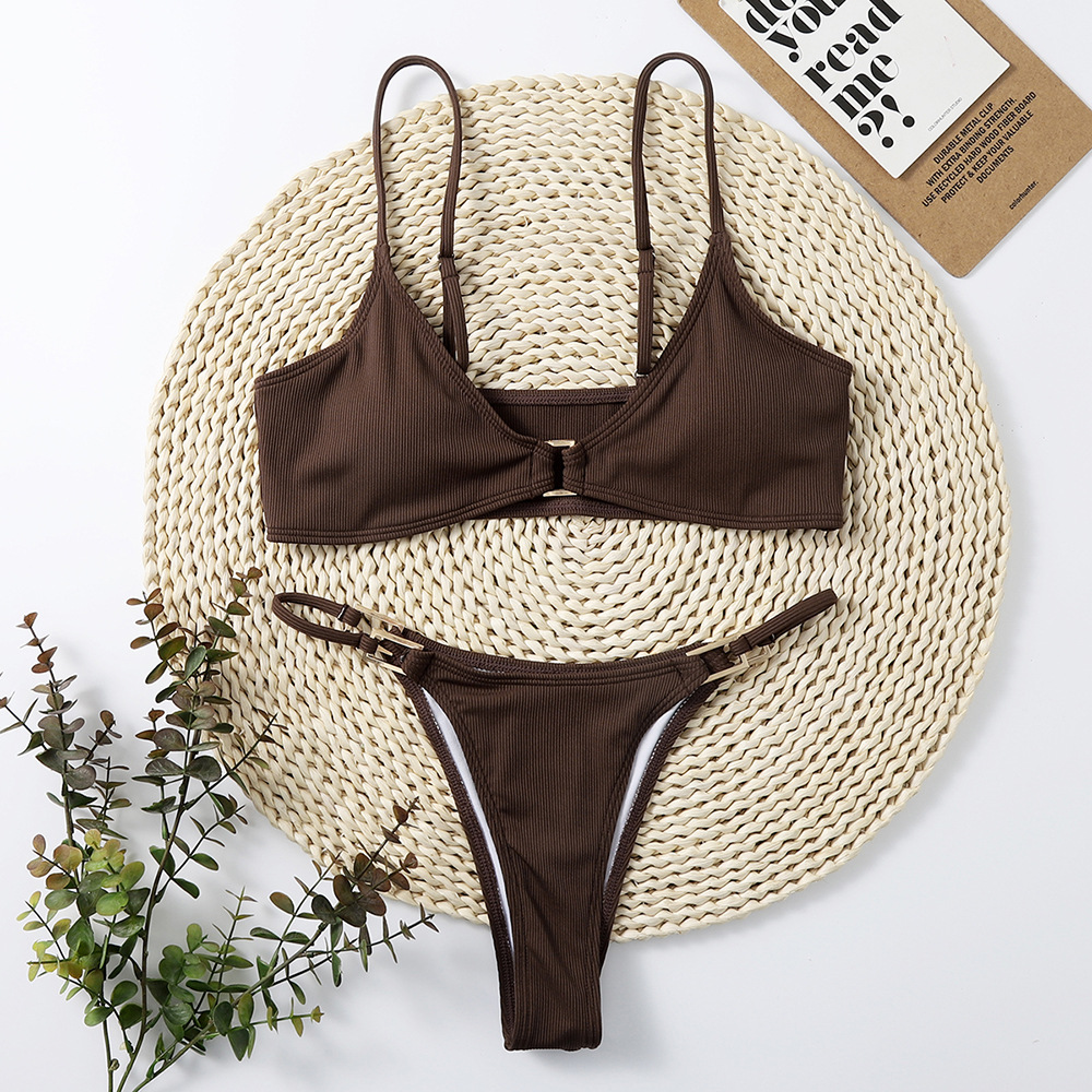 conjunto de dos piezas de bikini de color sólido de cintura alta sin espalda con cabestrillo NSOLY132999