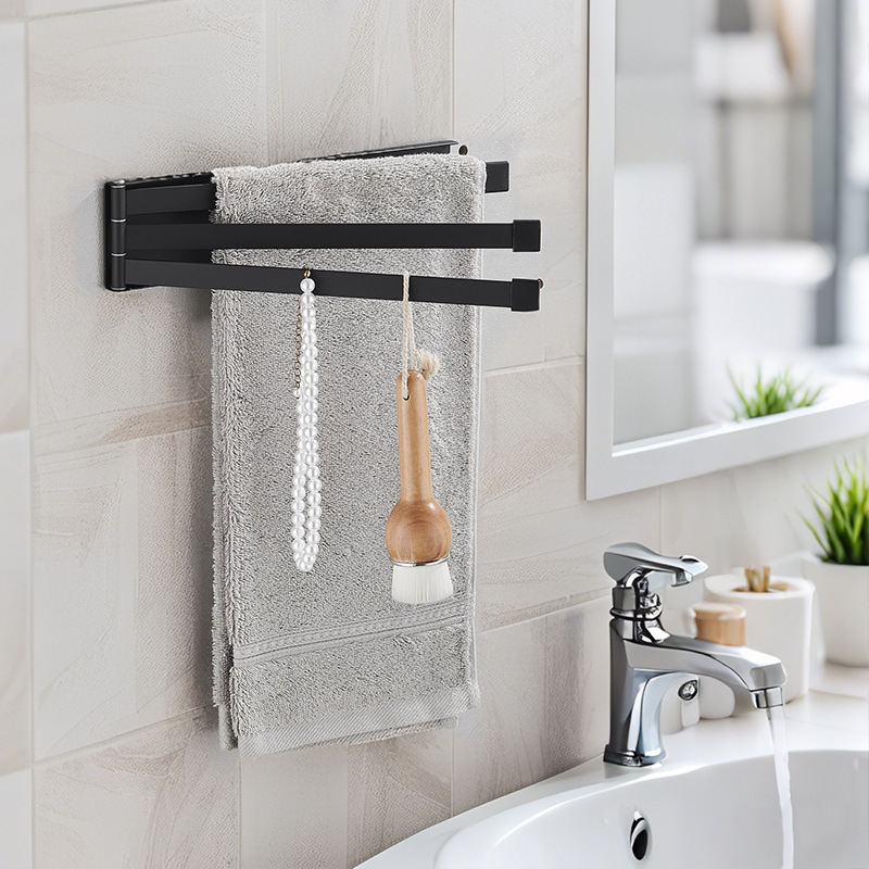 ♔ 180-Degree Rotating Foldable Towel Rack with Ring Rod for Bathroom, Toilet, and Balcony, No-Drill Required, for Hanging Cloths