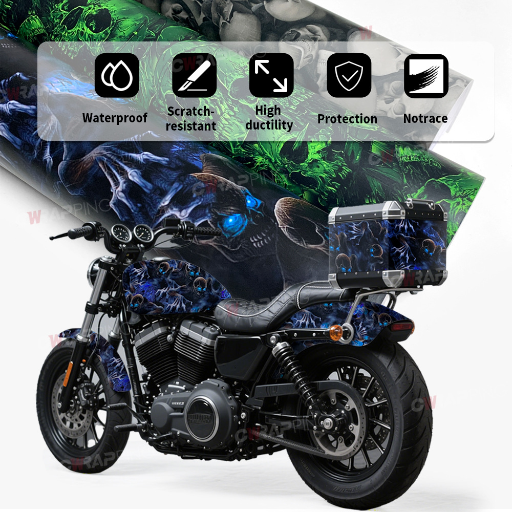 Motorcycle Rear Box Personalized Skull Camouflage Body Film Painted Car Color-Changing Film Modification Sticker Hood