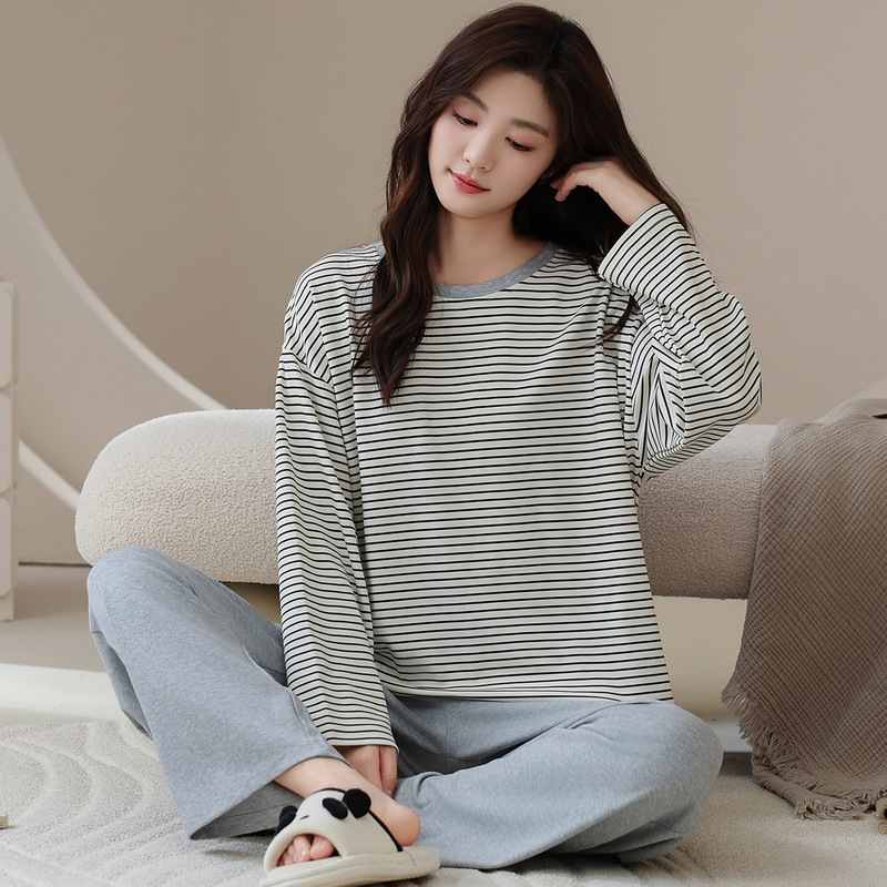 女士春秋季长袖睡衣紧密棉长袖长裤家居服套装圆领套头居家可外穿|undefined