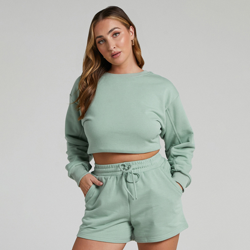 Solid Color Long Sleeve Sweaters Women Clothing Short Two-Piece Casual Shorts Suit