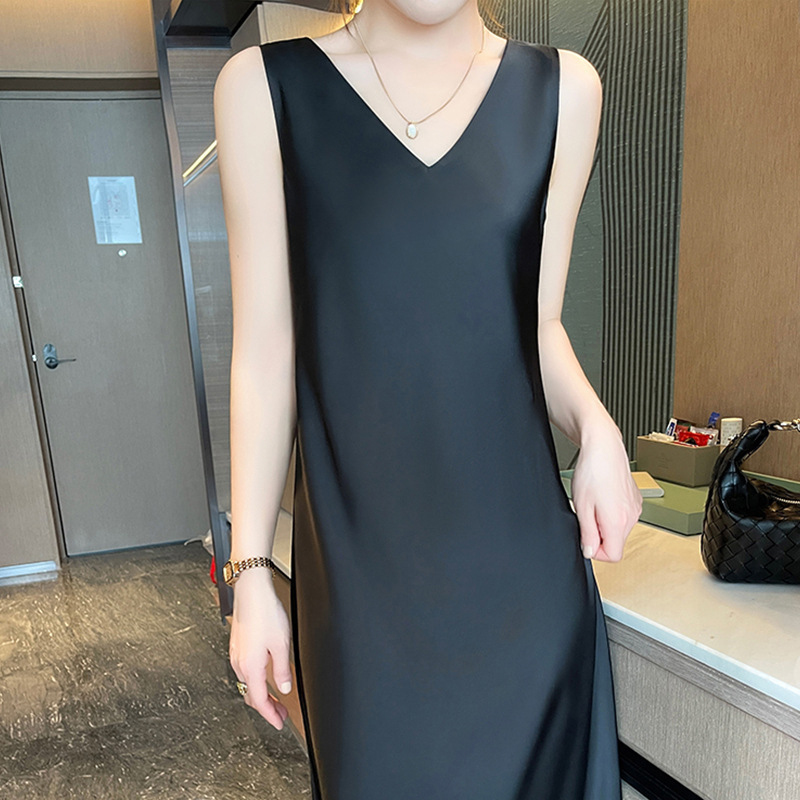 New Style Wide Shoulder Strap Sleeveless Dress for Women, Spring and Summer Thin Satin Slimming Casual Versatile Elegant Long Dress for Women New Style Wide Shoulder Strap Sleeveless Dress for Women, Spring and Summer Thin Satin Slimming Casual Versatile Elegant Long Dress for Women