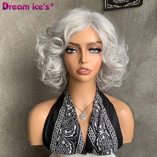 TEMU Xiyin new short curly hair natural fluffy silver gray mother hair fashion grandma gray cross-border wig headgear