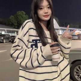 懒风毛衣女秋冬新款复古日系条纹字母宽松套头外穿长袖上衣