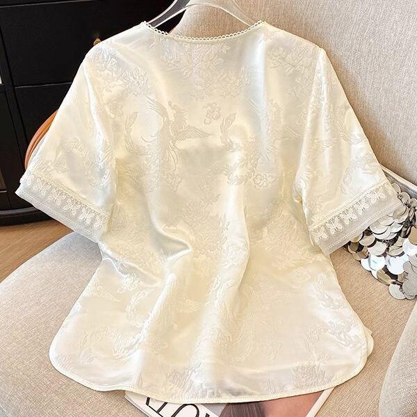 High-End Jacquard Shirt, New Chinese-Style Summer Short-Sleeve Embroidered Top with a National Style, 2026 Satin Blouse