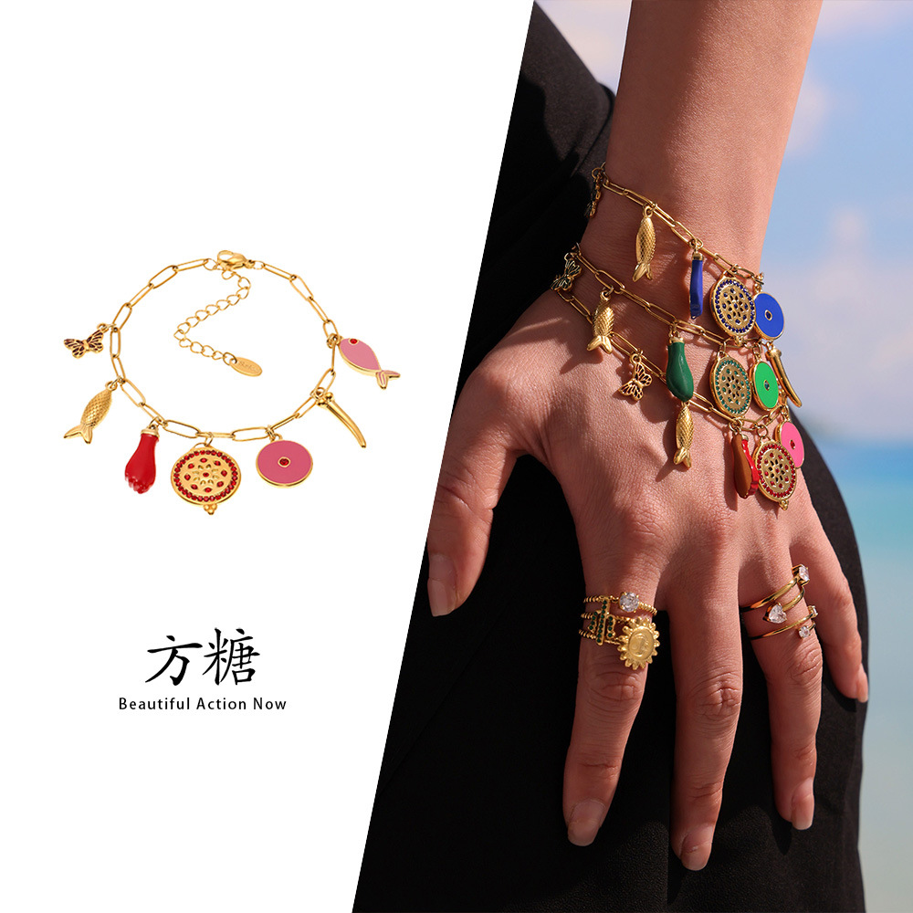 Sugar Cube ins 스테인레스 스틸 에나멜 유약 지르콘 팔찌 멀티 컬러 작은 물고기 패션 다목적 도금 18k 리얼 골드 쥬얼리