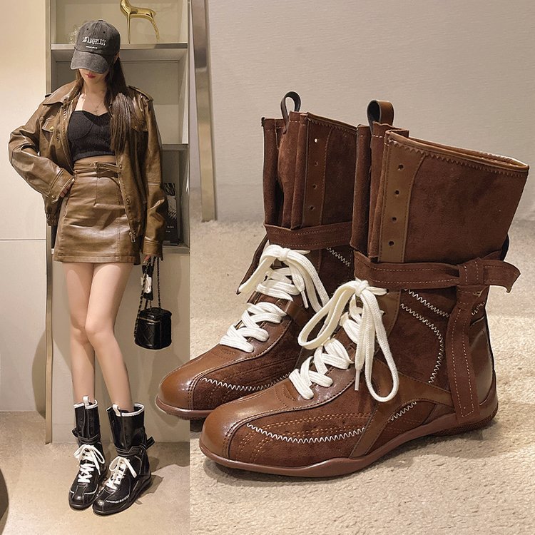Boots Women's 2025 New Korean Style Niche Round Toe Lace-Up Mid-Calf Boots Niche Design Retro Brown Boxing Boots