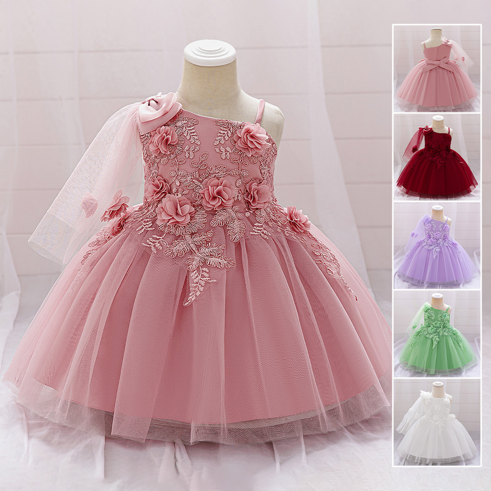 Vestido de lacio de fábrica vestido de novia blanco vestido de vestir chal vestido de princesa hinchada para niños