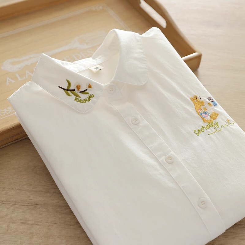Literary Embroidered Bear Long-sleeved Cotton Shirt Women's Spring and Autumn New Academy-style White Shirt All-match Base Shirt