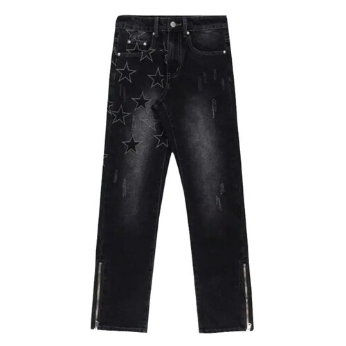 American high street vibe trousers zipper design black jeans women's retro embroidered star straight slim pants