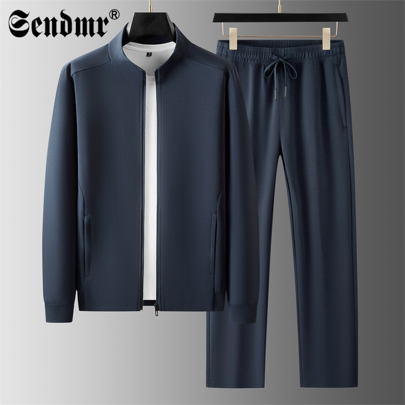 Spring and Autumn Men's Stand Collar Sweater Cardigan Sports Suit Men's Cotton Loose Jacket Long Sleeve Middle-Aged and Elderly Casual Two-Piece Set