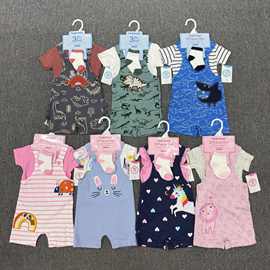 外贸批发儿童背带裤+哈衣+袜子三件套男宝宝分体套装跨境3pcs现货