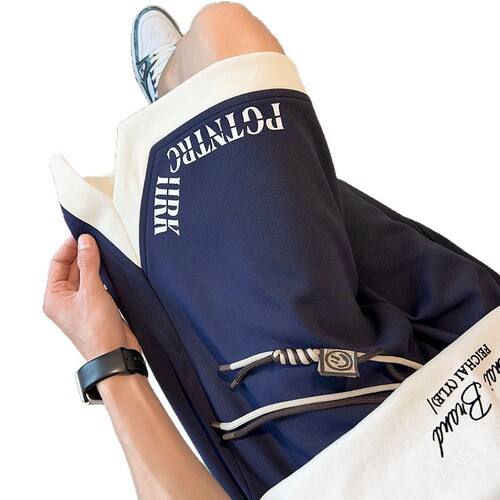 Blue-and-white designer sports five-pocket shorts for men—summer, American-style, plus-size, casual, loose-fit, straight-leg, and wide-leg pants
