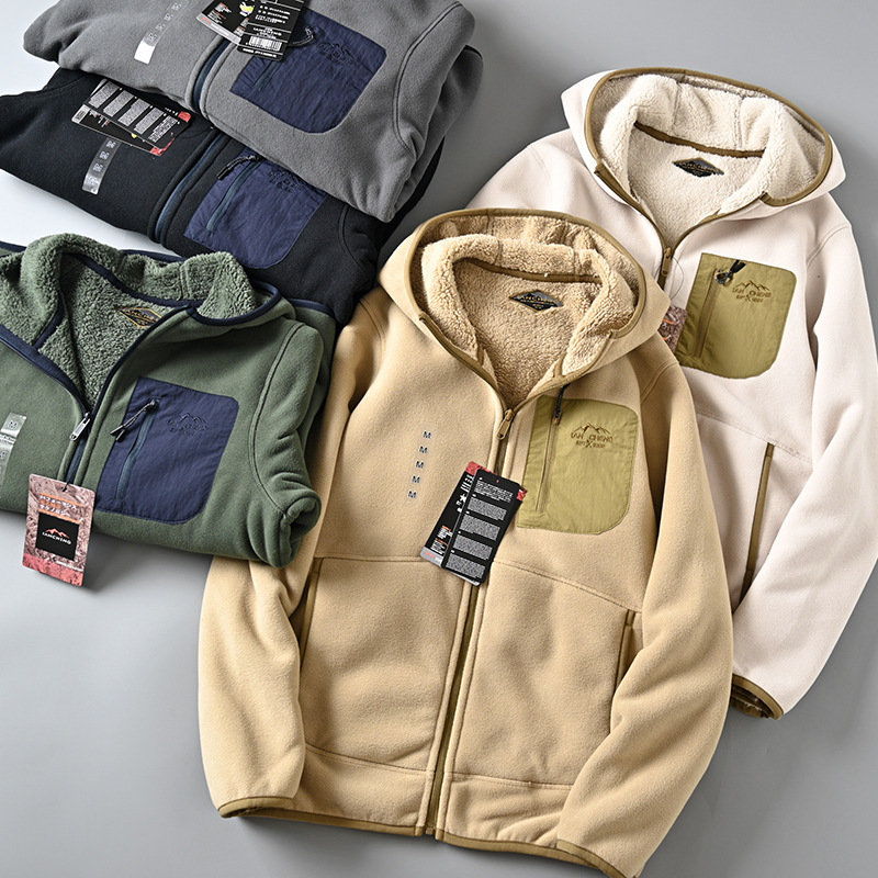 Order for Island Country 26,000 Yen Foreign Trade Surplus Men's Autumn and Winter Fleece-Lined Thickened Fleece Hooded Jacket