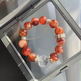 【火烧云】天然红胶花手链白水晶时尚设计水晶手串原创高级感轻奢