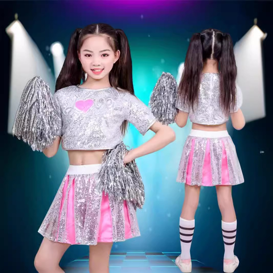 新款现代表演服儿童演出服亮片舞蹈服套装女童幼儿园啦啦队服装