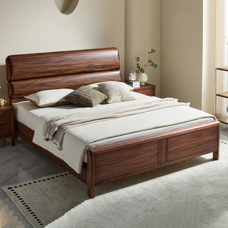 North American Black Walnut Solid Wood Bed with Mortise and Tenon Simple Master Bedroom Large Bed Silent Double Full Solid Wood Thickened Bed Board