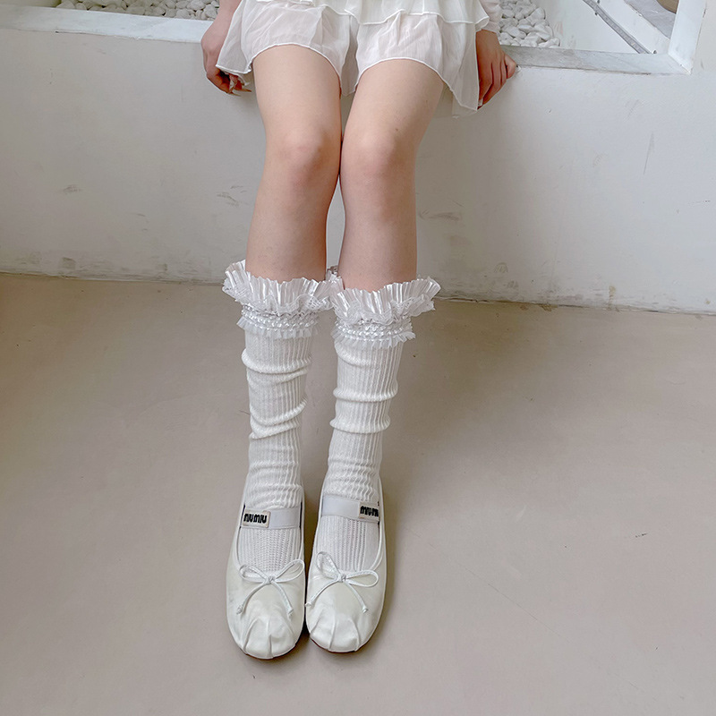 Sweet Girl Stretch Pleated Lace Stacked Stocking Coarse Cotton and Linen Calf Breathable Socks Spring and Summer