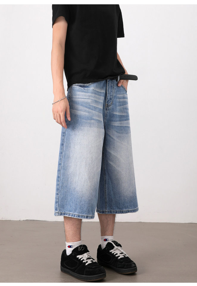 Quần short jeans nam ống rộng dáng lửng phong cách retro giặt mài — Màu xanh dương, Xanh nhạt chi tiết 10