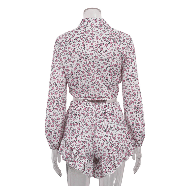 Floral Women Clothing Long Sleeve Collared Shirt Ruffled Shorts Two Piece Set
