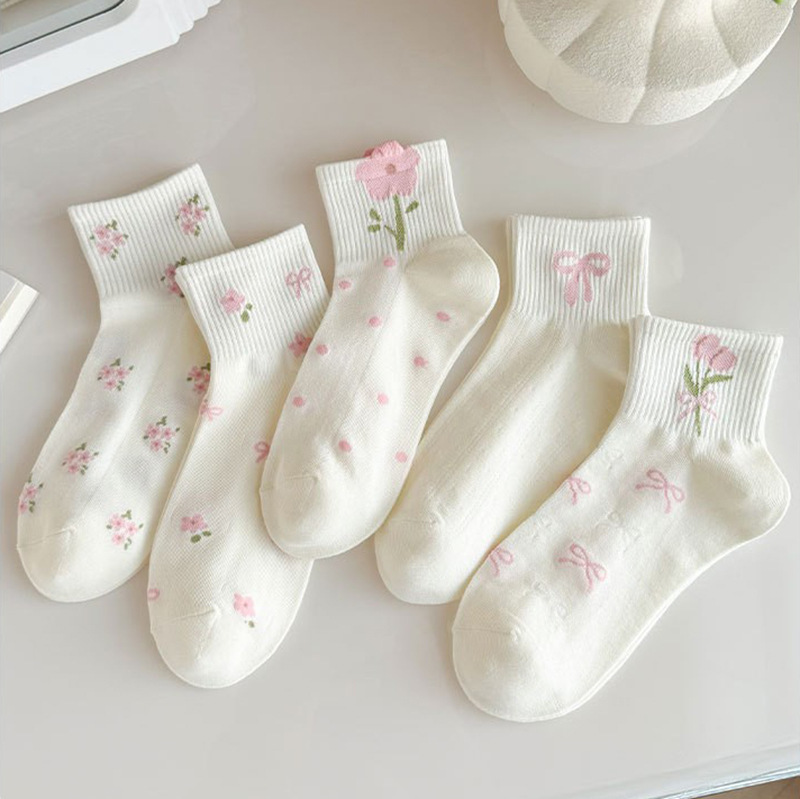 Women's Short Socks, Spring and Summer Thin Boat Socks, Low-Cut Invisible Socks, Women's Bowknot Floral Versatile Sports Socks