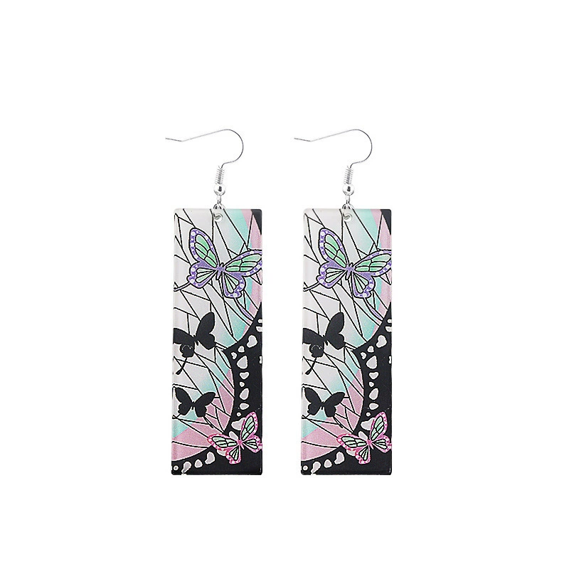 Earrings (Carbon Ji Lang) Anime Rectangle Dangle, Butterfly/Ninja Pattern, Lightweight, Multi-fit