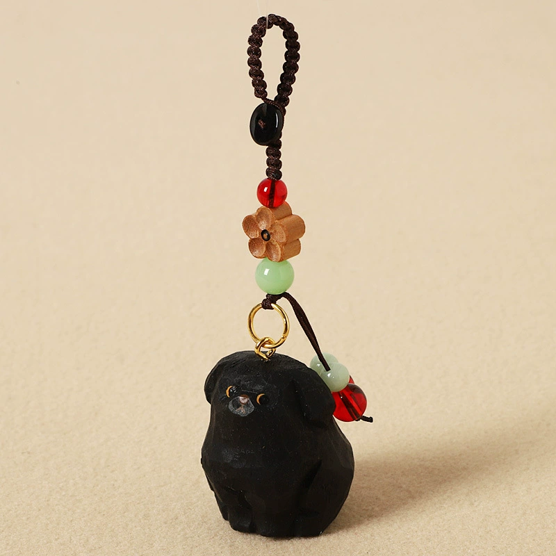 Handmade Wood Carving Keychain Pendant, Cute Dog & Fortune Designs, Birthday Gift, 10 g