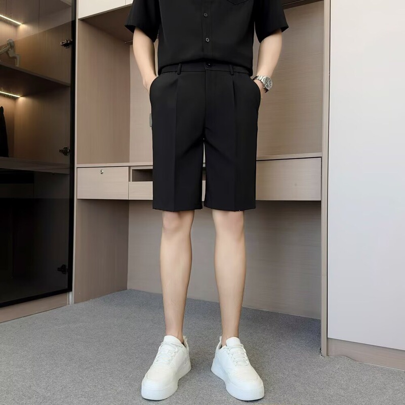 High-Waisted Suit Shorts for Men, Suitable for Spring and Summer, with a Loose and Drapey Wide-Leg Design, Black Versatile Slimming Mid-Length Shorts High-Waisted Suit Shorts for Men, Suitable for Spring and Summer, with a Loose and Drapey Wide-Leg Design, Black Versatile Slimming Mid-Length Shorts