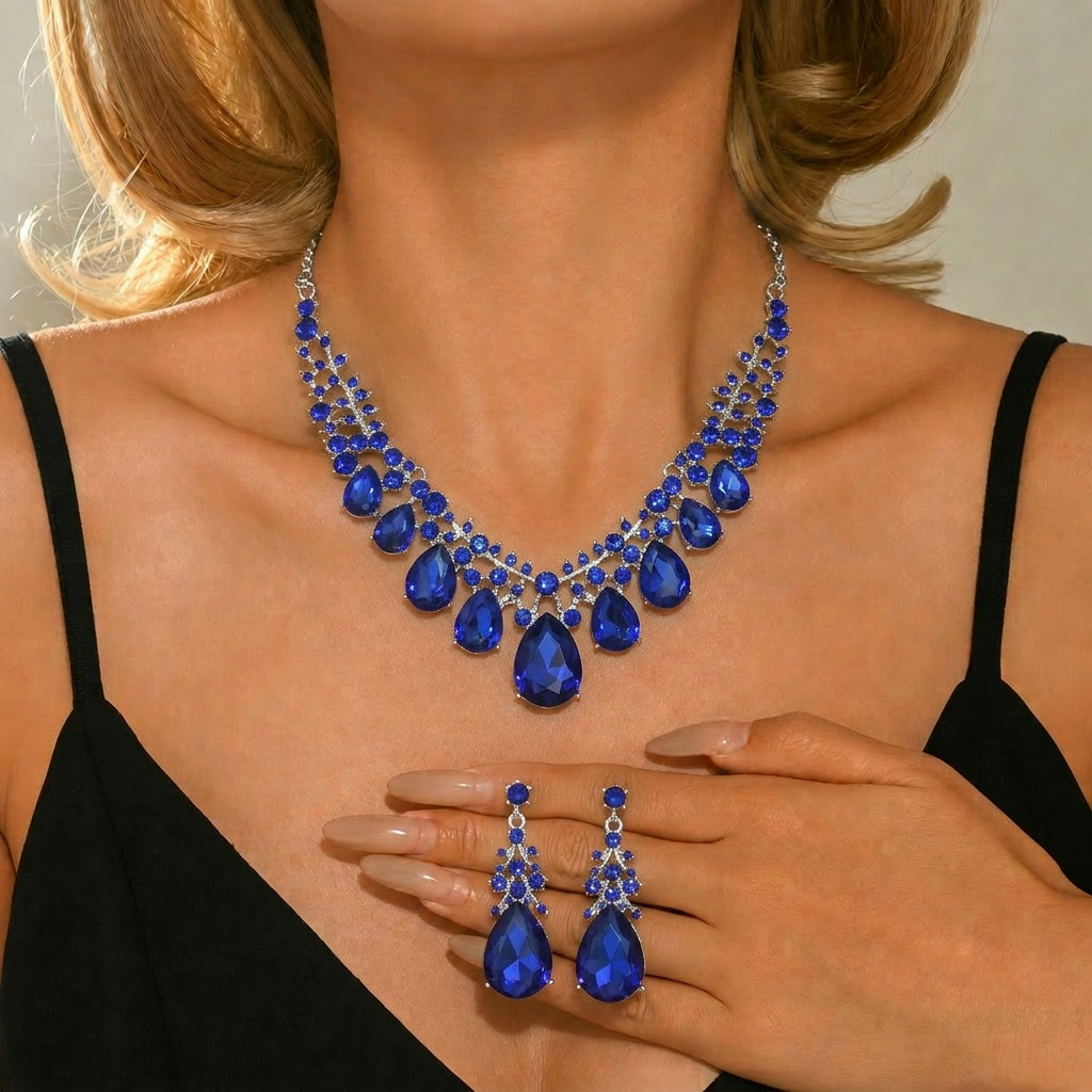 Conjunto de pendientes de collar exagerado retro europeo y americano, cadena de clavícula de gema de cristal, conjunto de joyería de dos piezas para mujer, accesorios de moda