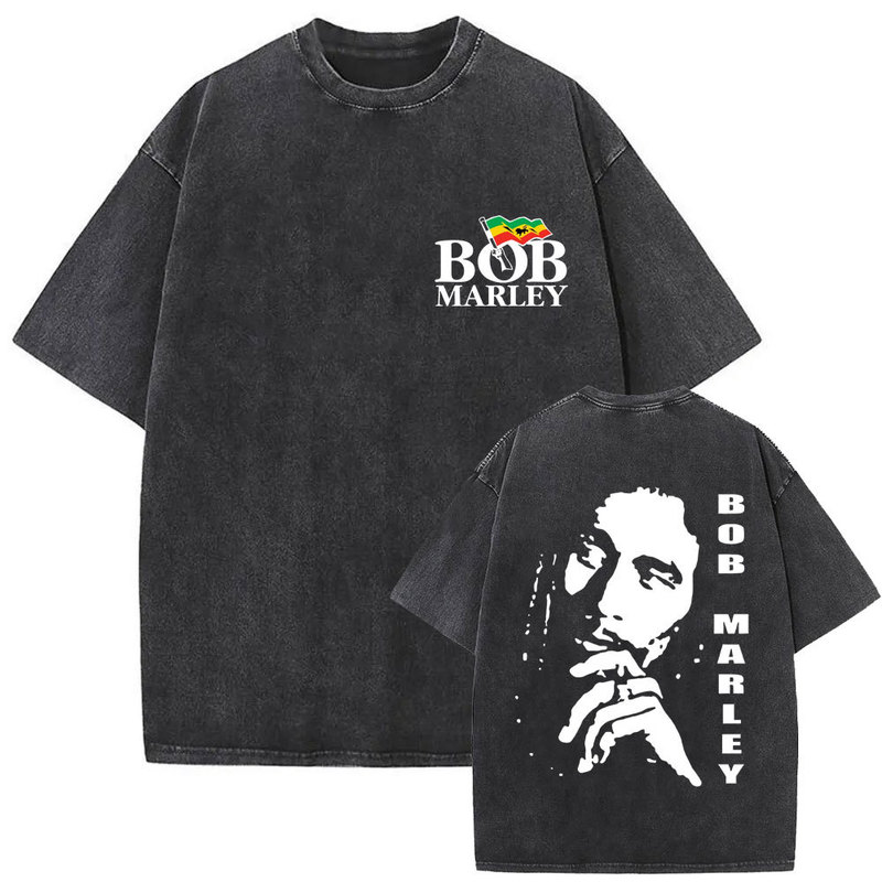 Washed Retro Reggae Music Founder Bob Marley Face Graphic T-Shirt Men Women Fashion High Quality