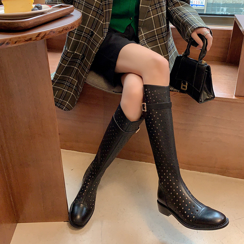 Boot nữ cổ cao rỗng dạng lưới, phong cách hè, ống cao thoáng khí — Màu đen