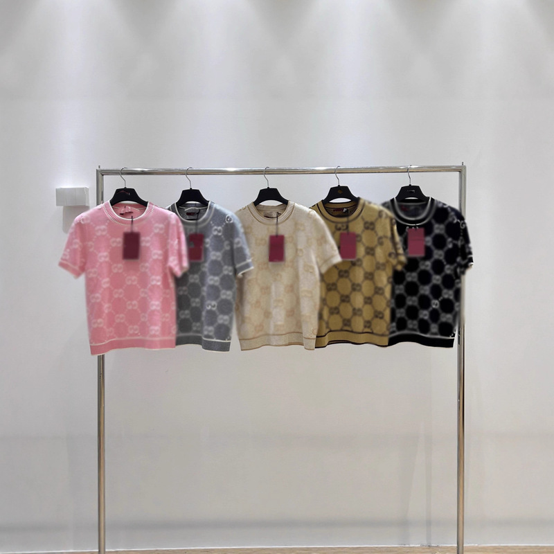 25 New Styles of Ladylike Style Light Luxury Letter Jacquard Short-Sleeved Round Neck Slim Trendy Knitted Knitwears