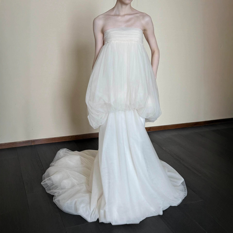 French-Style Strapless Light Wedding Dress for Brides, Niche High-End Forest-Style Reception Gown with a Super Fairy-Like Small Train, Morning Robe Dress