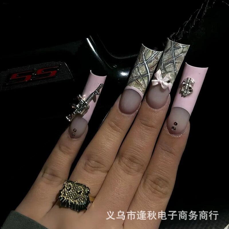 Cross-Border Hot-Selling Plaid Bow Wearable Nails Pink Gradient Personalized Sweet and Cool Style Long Fake Nails Manicure Cross-Border Hot-Selling Plaid Bow Wearable Nails Pink Gradient Personalized Sweet and Cool Style Long Fake Nails Manicure