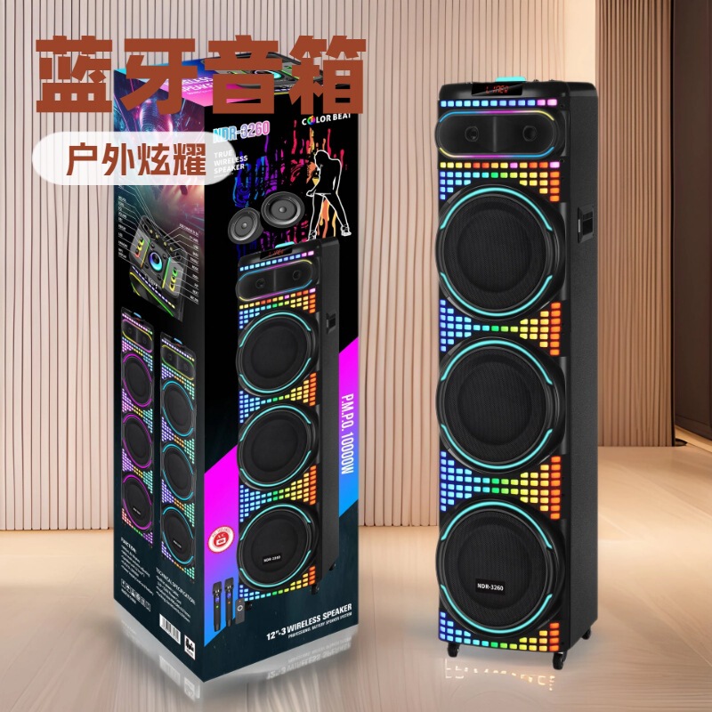Ndr-3260 Portable Bluetooth Speaker 3*12inch Speakers Wireless Microphone Square Dance Card Audio Rgb Lights