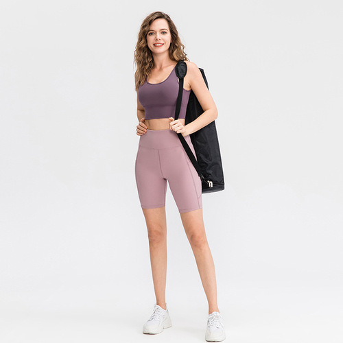 Double-sided brushed nude yoga shorts, women's high-waisted butt-raising leggings, pocket fitness shorts 02418