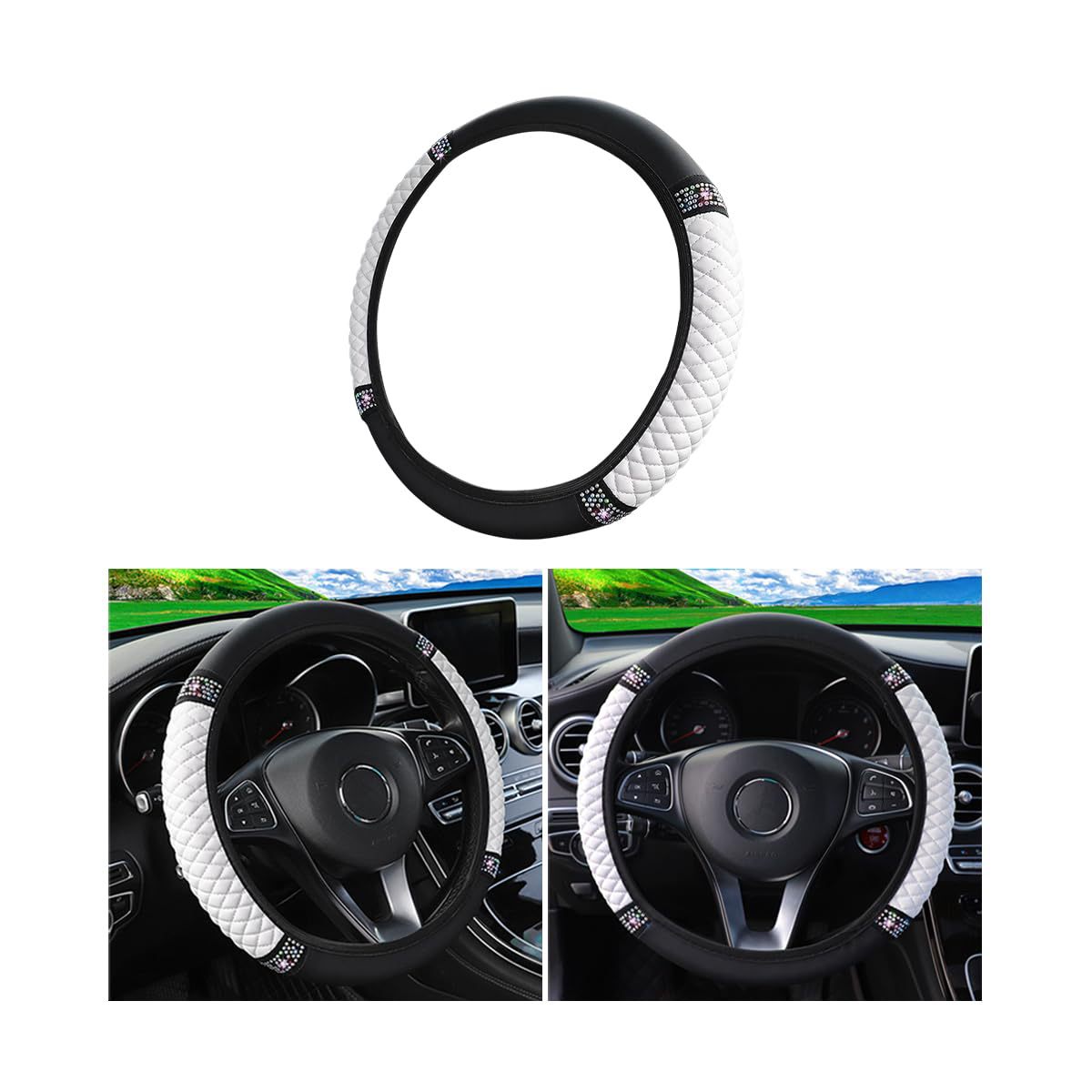 Factory Direct Sales Cross-Border Colorful Rhinestone Car Steering Wheel Cover, Leather Three-Dimensional Interior Handle Cover Without Inner Ring