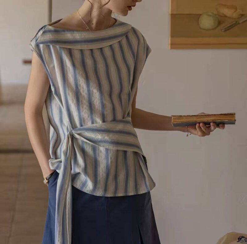 "Galaxy Daylight" Designer Style One-Shoulder, One-Collar Pure Cotton Jacquard Striped Vest