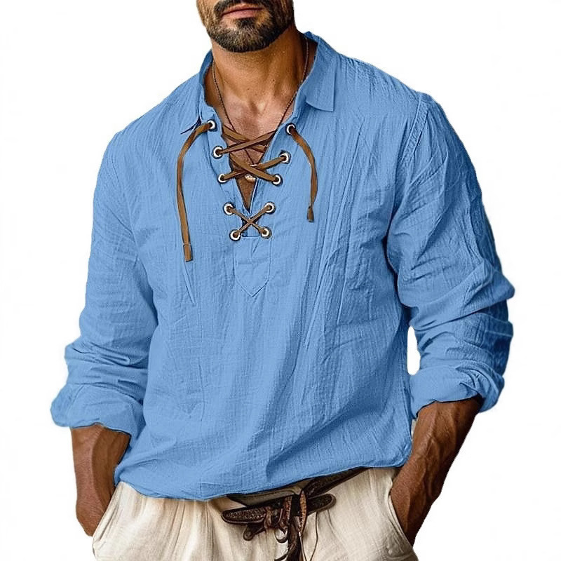 Cross-border New European and American Men's plus size Lapel Tether Shirt Solid Color Casual Linen V-neck Loose Long Sleeve Shirt Cross-border New European and American Men's plus size Lapel Tether Shirt Solid Color Casual Linen V-neck Loose Long Sleeve Shirt