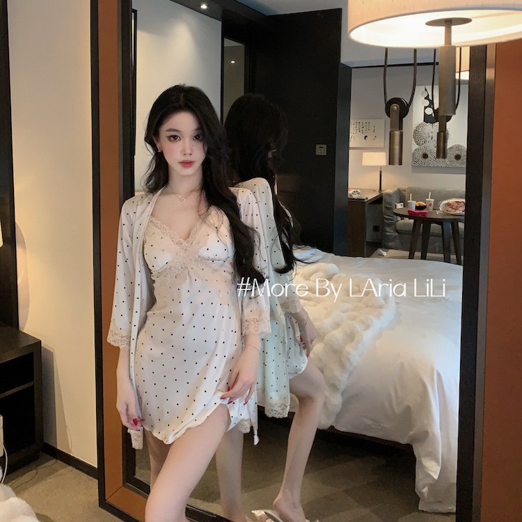 西诗性感纯欲风睡裙设计感连衣裙波点套装吊带高级感睡衣带胸垫女