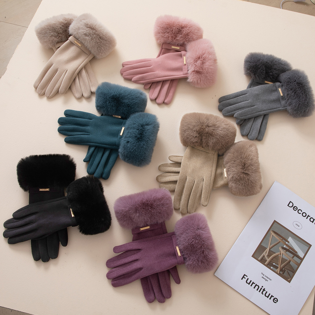 女性用手袋、ふわふわで厚手、かわいい、防風、デルロン、イミテーションラビットファー、厚手、大人用、運転、サイクリング、保温、代発送