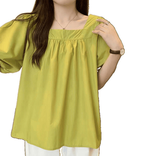 Green Collared Puff Sleeve Blouse for Women - Summer Short Sleeve Loose Plus Size Babydoll Shirt with Design Sense French Top