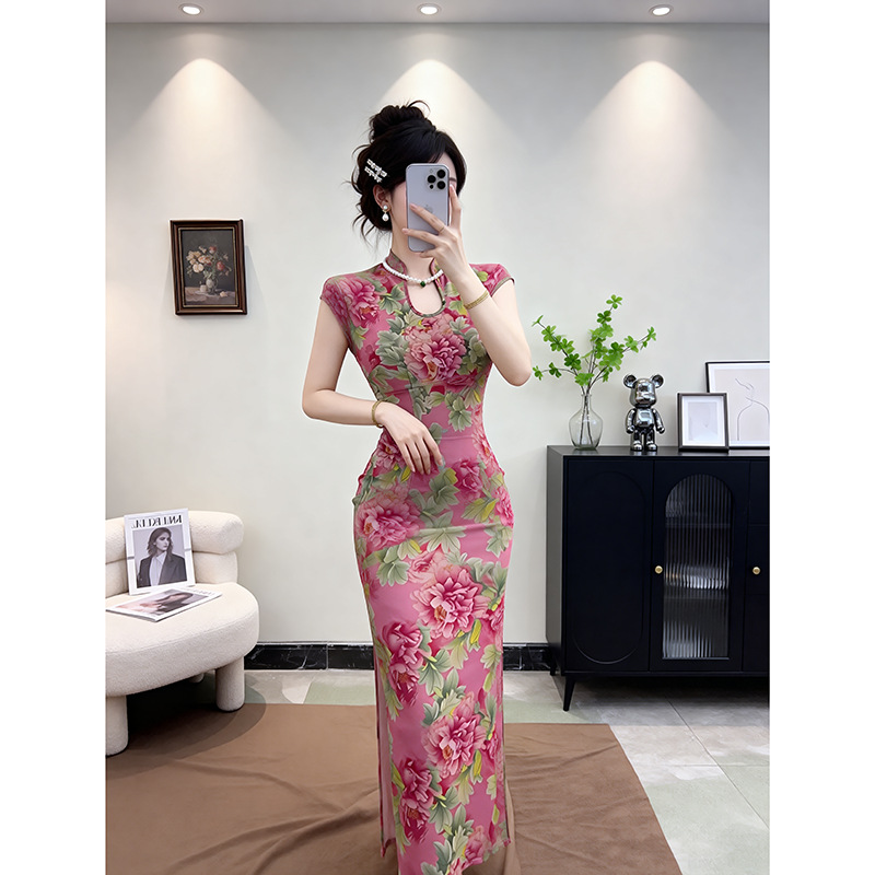 气质优雅国风日常改良旗袍女年轻款显瘦弹力网纱印花新中式连衣裙